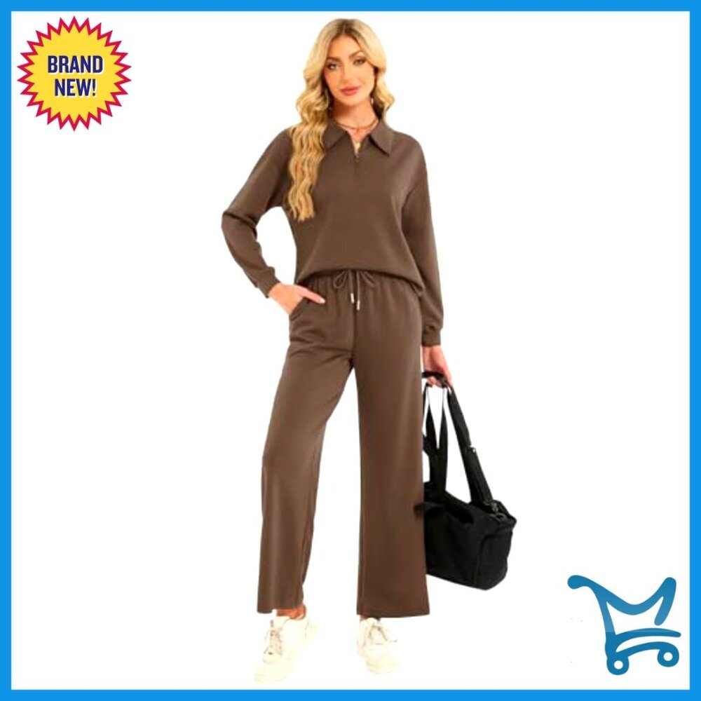 2-Piece Lounge Set Zip-Up Top Wide Leg Pants Travel Casual Outfit - Picture 4 of 7
